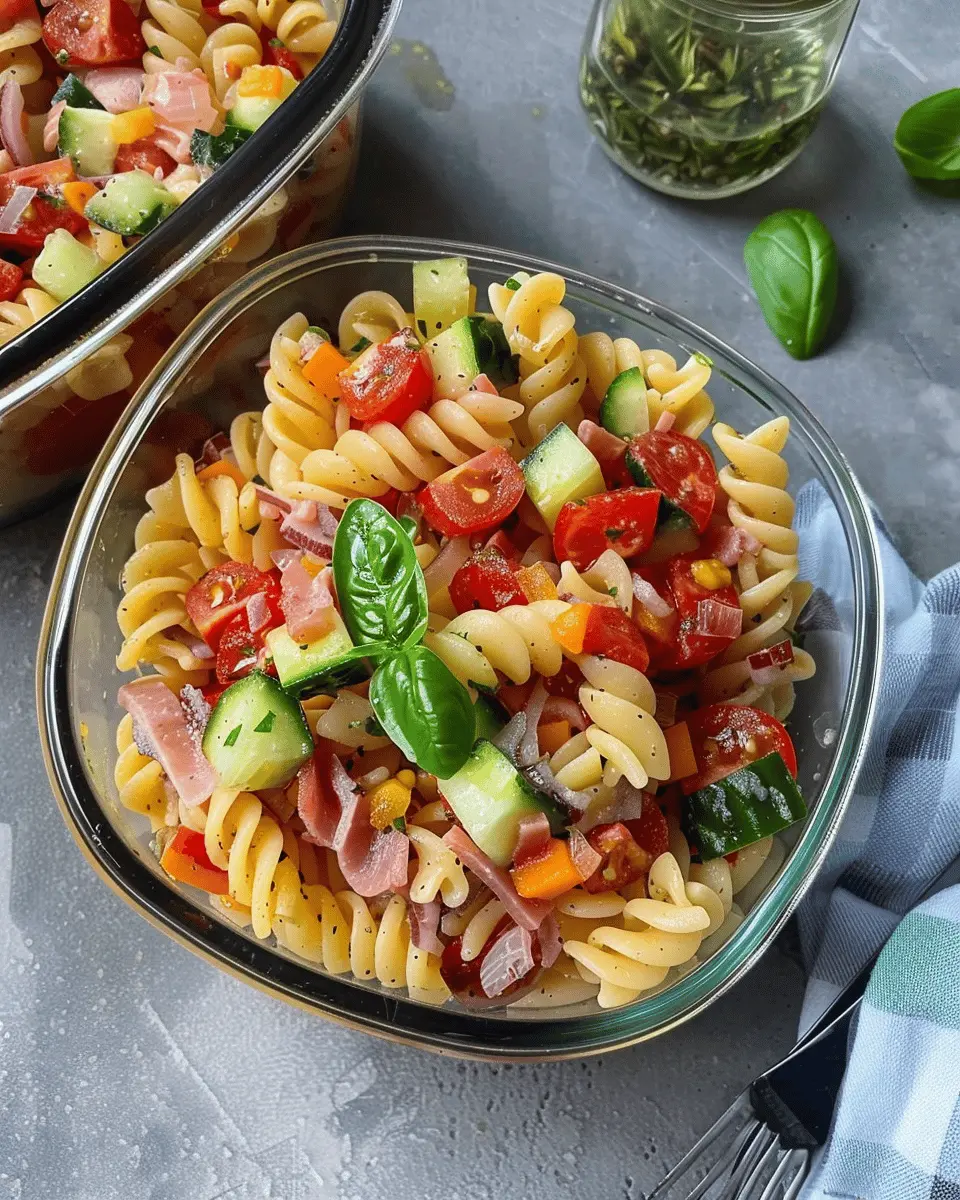 High Protein Italian Pasta Salad with Turkey Bacon and Chicken Ham