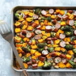 Sheet Pan Sausage and Sweet Potatoes with Honey Garlic Sauce