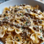 Creamy Parmesan Garlic Beef Bowtie Pasta