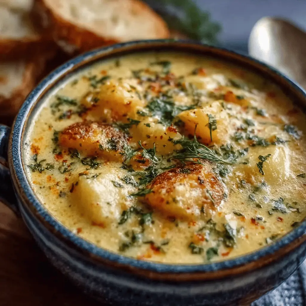 Hearty cheddar garlic herb potato soup with turkey bacon delight