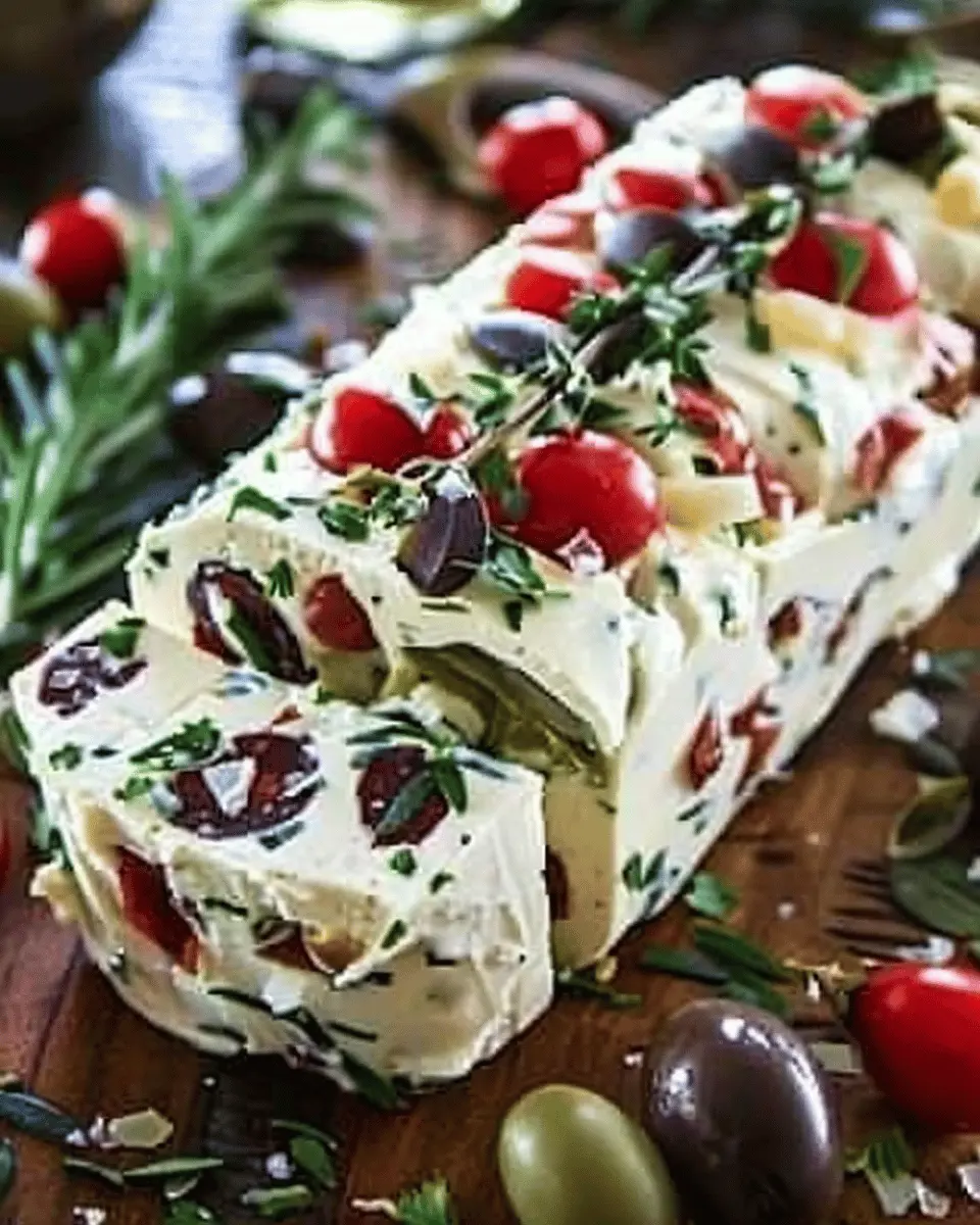 Festive Holiday Antipasto Cream Cheese Log with Turkey Bacon Delight