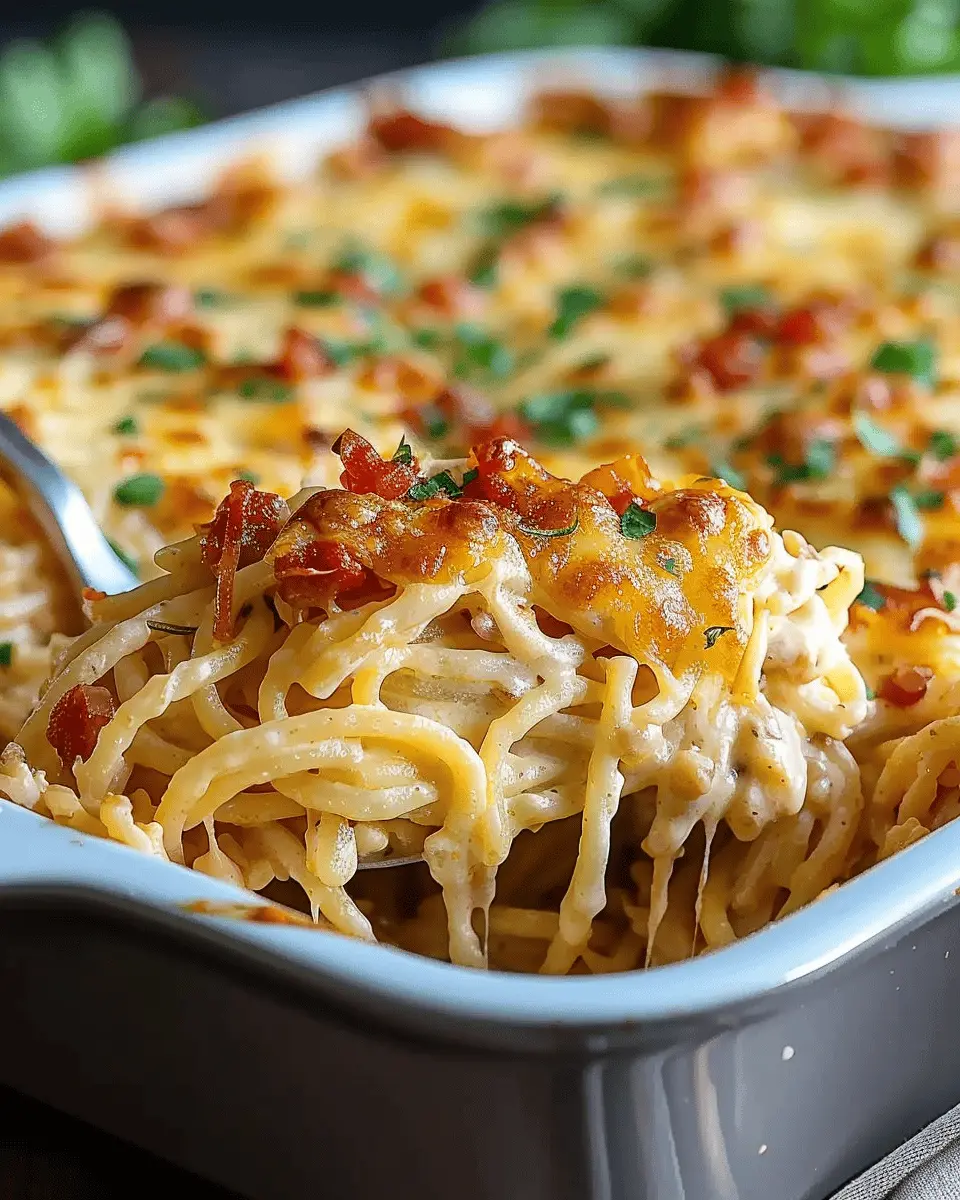 Creamy Southern Spaghetti Bake with Turkey Bacon and Chicken Ham