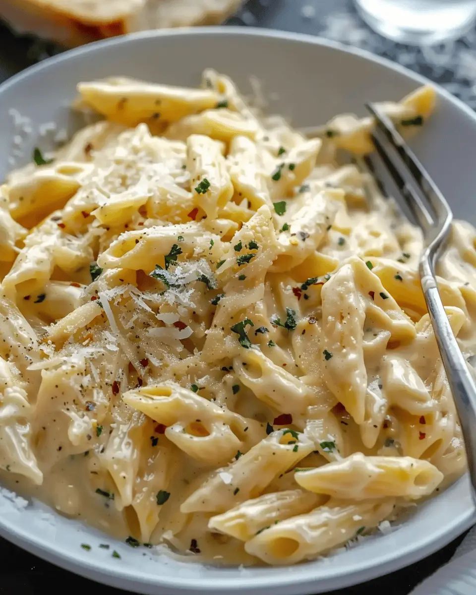 One Pot Creamy Garlic Pasta with Turkey Bacon and Chicken Ham
