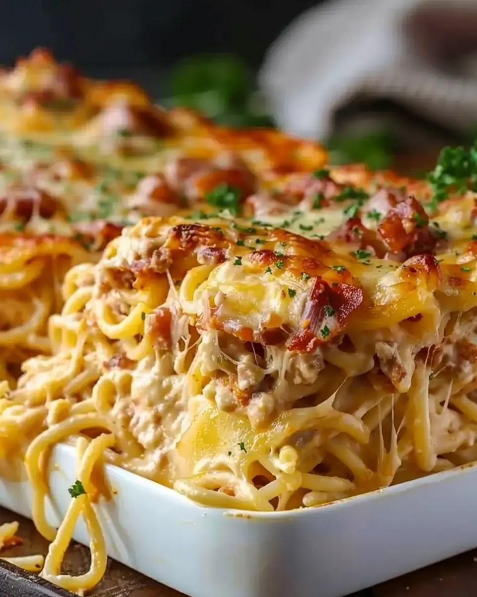 Creamy Southern Spaghetti Bake with Turkey Bacon and Chicken Ham