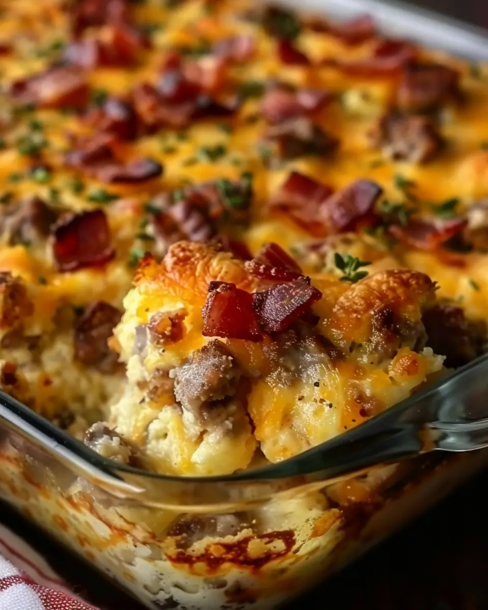 Crack Breakfast Casserole with Turkey Bacon and Chicken Ham Delight